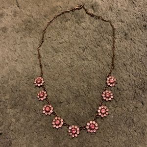 Bronze Chained Pink Flower Jeweled Necklace